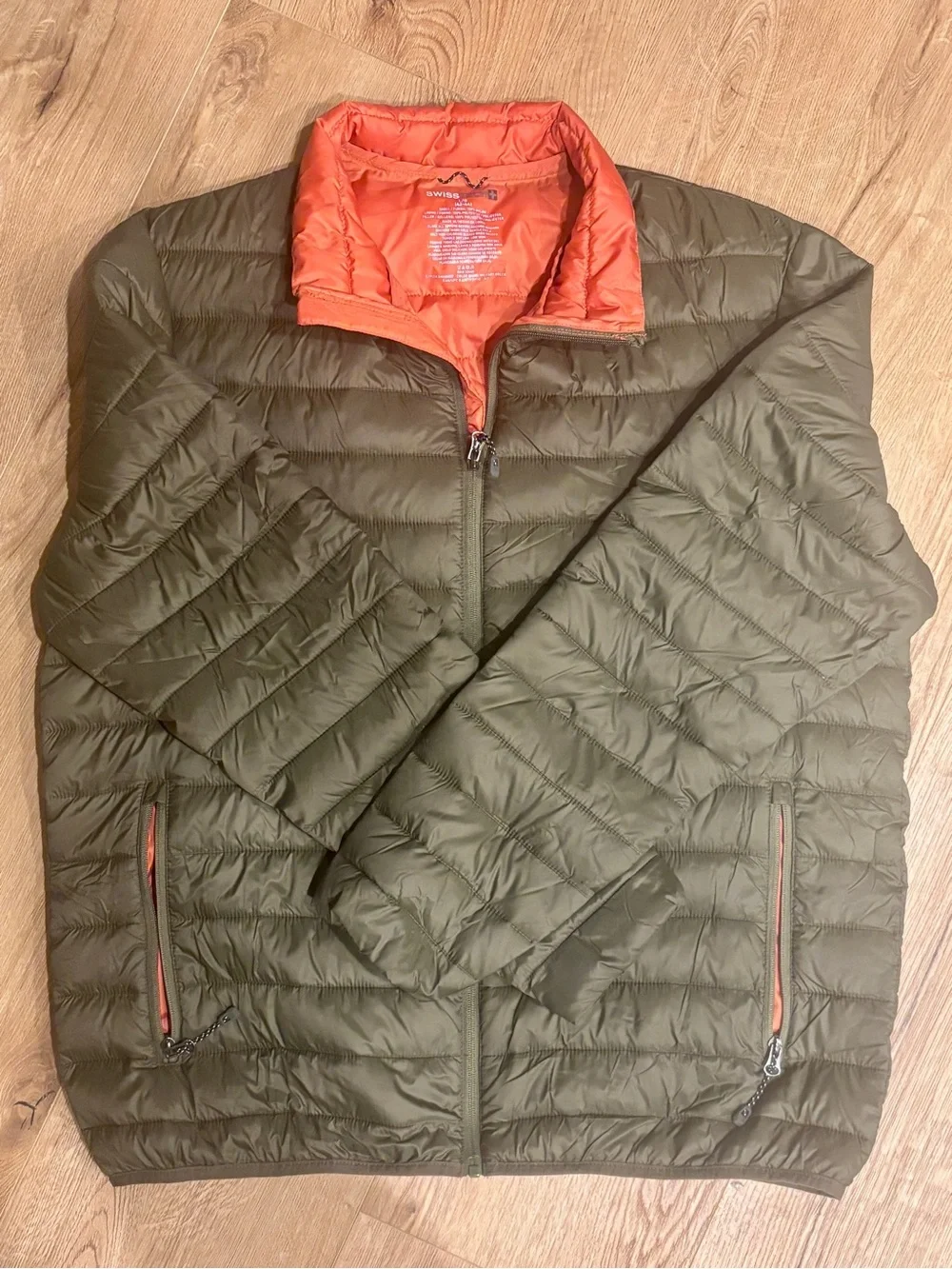 Swiss Tech Olive Green Puffer Jacket with Orange Lining